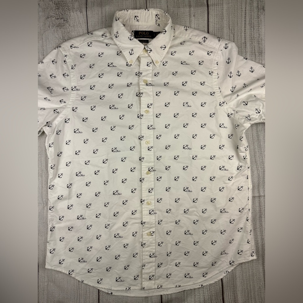 EUC Polo Ralph Lauren Short Sleeve Button Shirt Anchor Nautical White Sz Large